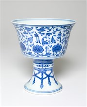 Stem Cup with Peony Flowers, Stylized Vines, and Characters in Manchu Script, Qing dynasty (1644-1911), Qianlong reign mark and period (1736-1795).