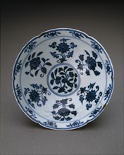 Lobed Conical Bowl with Peonies, Loquat, Pomegranate, Litchi, and Grapes, Ming dynasty (1368-1644), Xuande reign mark and period (1426-1435).