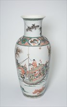 Vase with Bamboo, Auspicious Symbols, and Military and Civilian Figures in a Landscape, Qing dynasty (1644-1911), Kangxi period (1662-1722).