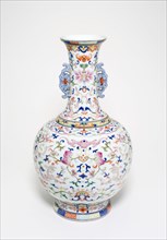 One of a pair of famille-rose 'lotus' bottle vases, Qing dynasty (1644-1911), Qianlong reign mark and period (1736-1795).