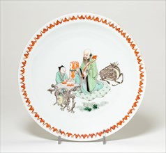 Plate with Shou Lao (the God of Longevity), Attendant, and Deer, Qing dynasty (1644-1911), Kangxi reign mark and period (1662-1722).