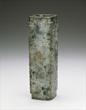 Cong, Neolithic period (ca.8000-2000 BC), Liangzhu Culture, ca. 3000-2000 B.C.  Vessel in the form of a straight tube with a circular bore and square outer section.