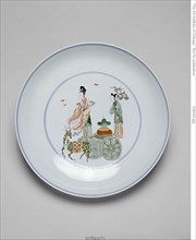 One of a Pair of Dishes with the Daoist Female Immortal Magu and Attendant with Deer Cart, Qing dynasty (1644-1911), Kangxi period (1662-1722).