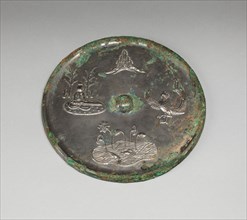 Mirror with Images of Purity and Immortality: Mount Penglai, Boya Playing the Qin (Zither), Lotus Pond, and Dancing Phoenix, Tang dynasty (618-907), 8th century.
