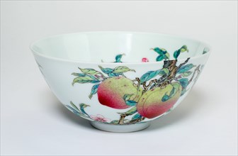 Bowl with Fruiting Peaches, Tree Peony, Flowering Plum and Bats, Qing dynasty (1644-1911), Yongzheng reign mark and period (1723-1735), overglaze painting perhaps added later.