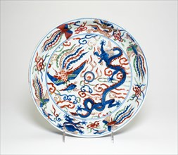 Dish with Dragons and Phoenixes, Ming dynasty (1368-1644), Wanli period (1573-1620), with overglaze enamels added later.