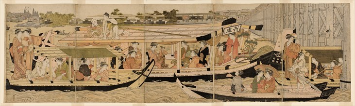 Pleasure Boats on the Sumida River, c. 1792. A man prepares a large fish, passengers enjoy a puppet show, and a woman plays the shamisen.