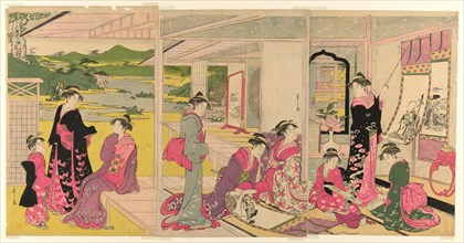 Women Viewing Scroll Paintings of the Gods of Good Fortune, late 18th-early 19th century.