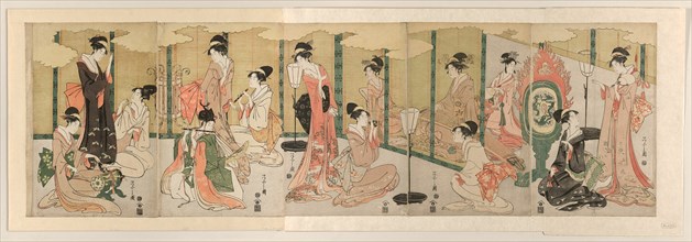 Parody of The Book of Joruri, c. 1789/1801. Musicians playing the drum, flute, sho and koto.