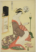 Wakana of the Matsubaya, from the series "Beauties of the Pleasure Quarters as the Six Floral Immortals (Seiro bijin rokkasen)", c. 1794/95.