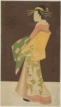 A Selection of Beauty from the Pleasure Quarters (Seiro bisen awase): Hanamurasaki of the Tamaya in Procession (Tamaya Hanamurasaki dochu no zu), c. 1795. Woman wearing a kimono with bunches of grapes...