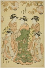 The Courtesan Hanaogi of the Ogiya, with Child Attendants Yoshino and Tatsuta, c. 1793.