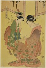 Beauties Parodying the Seven Sages - A Selection of Younger Courtesans (Shichi kenjin yatsushi bijin shinzo zoroe): Hanasaki of the Daimonjiya, c. 1793.