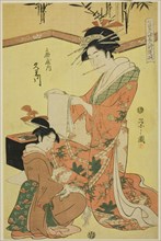 Beauties Parodying the Seven Sages - A Selection of Younger Courtesans (Shichi kenjin yatsushi bijin shinzo zoroe): Kumegawa of the Ogiya, c. 1793.