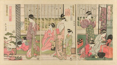 Rain the Morning After in the Pleasure Quarter (Seiro kinuginu no ame), c. 1795. Courtesans lighting pipes, putting on make up and making tea while others still sleep.