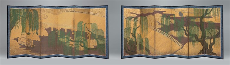 Willow Bridge and Waterwheel, c. 1650. Pair of six-panel folding screens depicting a scene at Uji, an area of great spiritual significance in Japan. The curved bridge, willow trees, waterwheel, traili...