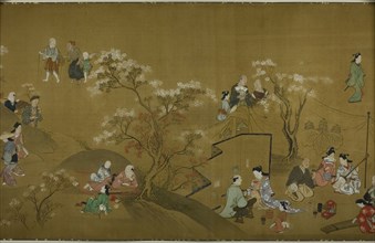 Pleasures of the Seasons, c. 1700. People enjoying a day out among blossoming cherry trees.