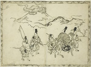 Narihira's Eastern Journey, from the illustrated book "Panorama of Paintings on Screens and Hanging Scrolls (Byobu kakemono ekagami)", 1682.