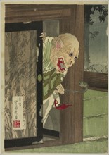 Amago buyuden, late 19th century. Grotesque creature with fangs and claws, holding a snake, or snake-headed staff.