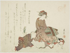 Snake (Mi), from the series "Parody of the Twelve Signs of the Zodiac (Mitate juni shi)", early 19th century. Child teasing a cat with a toy snake.