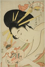 The Courtesan Hanahito of the Ogiya and attendants Sakura and Momiji, from the series "Beauties of the Five Festivals (Bijin gosekku)", c. 1795/1800.