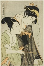 Osome and Hisamatsu, from the series "Beauties in Joruri Roles (Bijin awase joruri kagami)", c. 1795. Tragic lovers.