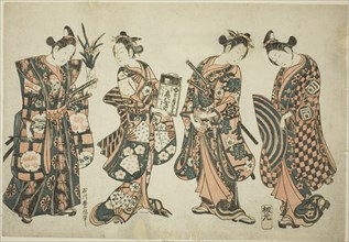 The Actors Sanogawa Ichimatsu (right), Nakamura Kiyosaburo (center right), Sanogawa Senzo (center left), and Nakamura Kumetaro (left), c. 1750.