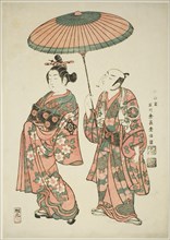 The Actors Nakamura Kiyosaburo I as Matsuyama and Ichimura Kamezo I as Wanya Kyubei in the play "Yoritomo Gunbai Kagami," performed at the Ichimura Theater in the eleventh month, 1749, 1749.