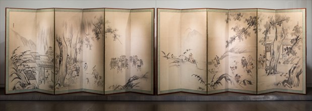 Monkey Trainers and Scenes of Chinese Life, 17th century. Pair of six-panel Japanese folding screens depicting rural scenes.