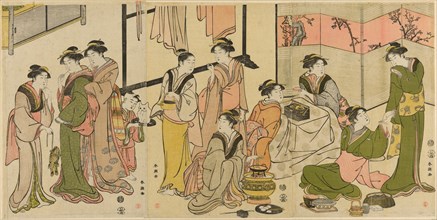 Around the Kotatsu, c. 1789. Two women keep warm at a kotatsu, a low table wrapped in a heavy blanket, with a charcoal brazier underneath. In the centre panel is a hibachi, another traditional Japanes...