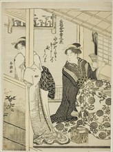 Narcissus in Winter, from the series "Choicest Odes upon Flowers of the Four Seasons (Shuku awase, shiki no hana)", c. 1792. A woman looks out of the window while another keeps warm at a kotatsu, a lo...