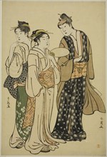 The Actor Iwai Hanshiro IV in Street Attire (by Shun'ei) Conversing with Two Women (by Shuncho), c. 1788.