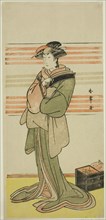 The Actor Nakamura Riko I as Osen of the Komatsuya House (?) in the Play Nanakusa Yosooi Soga (?), Performed at the Nakamura Theater (?) in the Second Month, 1782 (?), c. 1782.