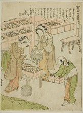 Plate 6 (Examining the Newly Spun Cocoons), from the series "Kaiko Yashinai-gusa", Japan, c. 1772.