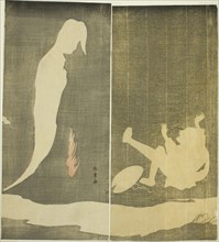 Man Falling Backward, Startled by a Woman's Ghost over a River, Japan, c. 1782.