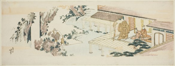 Servant throwing bundles of branches into waterfall, Japan, c. 1810.