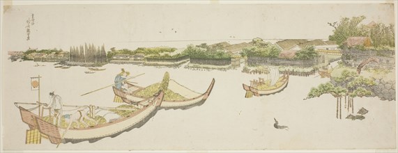 Boats transporting rice on the Sumida River, Japan, c. 1800/05.