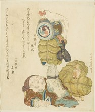 Daikoku balancing rice bales, mallet, and rooster on his feet, Japan, 1825.