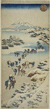 Crossing the Frozen Suwa Lake in Shinano Province (Shinshu Suwa kosui kori watari), Japan, c. 1833/34.