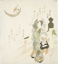 Woman on the bridge watching the moon, Japan, 1831.