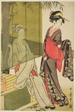 Drying and stretching cloth, Japan, c. 1796/97. [Arai-bari - women stretching silk, left-hand panel of a triptych].