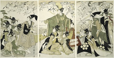 Parody of Minamoto no Yoritomo releasing cranes at Yuigahama, Japan, c. 1805.