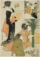 Act IV, from Treasury of the Loyal Retainers, Japan, c. 1801/02. Preparations for a moon-viewing party: pampas grasses and chrysanthemums are being arranged. A woman carries decorated sake bottles whi...
