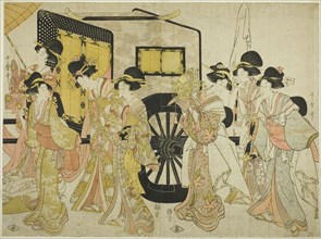 Women Imitating an Imperial Procession, Japan, 1805. An ornate headdress is carried by one of the group.