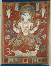 Double-Sided Painted Banner (Paubha) with God Shiva and Goddess Durga, 16th/17th century. The goddess Durga, dancing on a white snow lion,