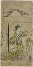 Woman Holding Kimono with Mt. Fuji above, c. 1740s.