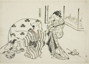 Kotatsu Dojoji, no. 5 from a series of 12 prints depicting parodies of plays, c. 1716/35. Scene from the legend of Musume Dojoji. The woman at left is crouching underneath a large kotatsu (quilt sprea...