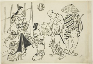 The Yugao Chapter from "The Tale of Genji" (Genji Yugao), from a series of Genji parodies, c. 1710.