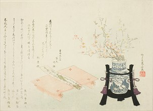 Red and White Plum Blossoms with Poem Slip, About 1810.