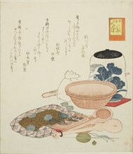 Jar, scales and bowl, no. 6 from the series "The Rabbit's Boastful Exploits (Usagi tegarabanashi)", 1819.